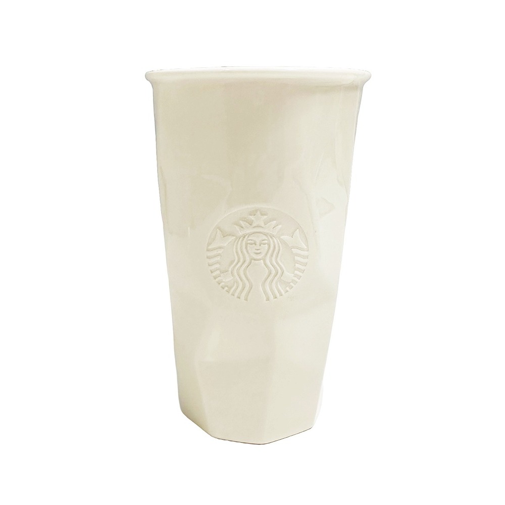 2013 STARBUCKS Faceted 10oz Ceramic Tumbler Coffee Mug • white • mermaid‎ logo